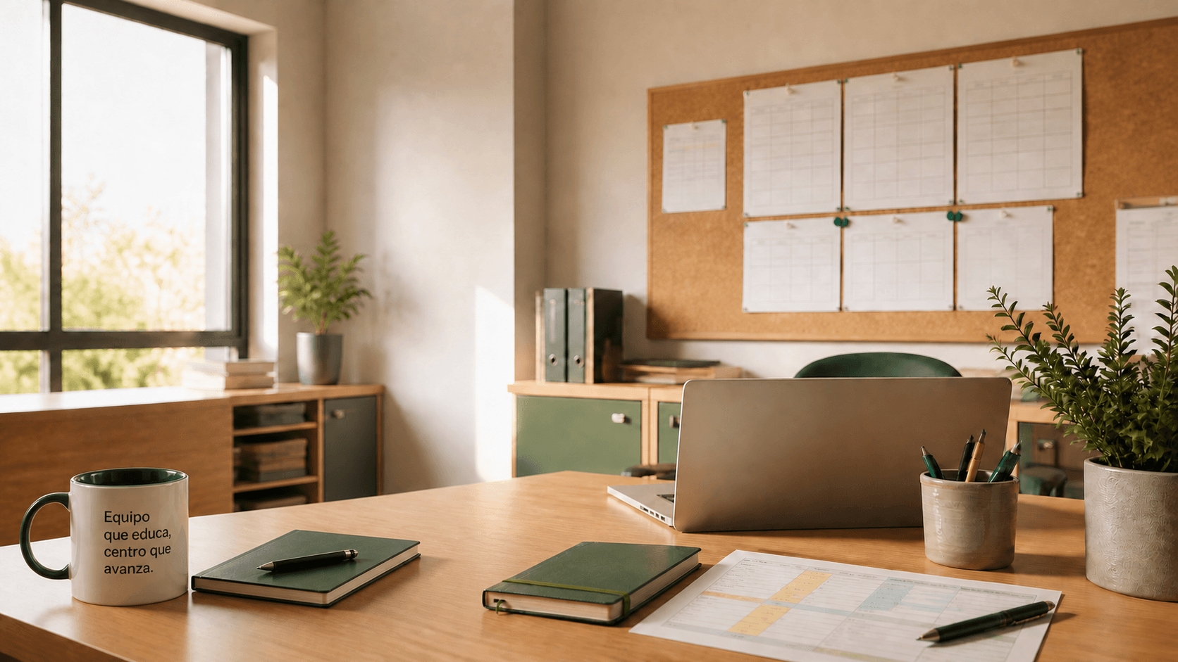 Mesa de coordinación de un centro escolar con horarios y material de trabajo